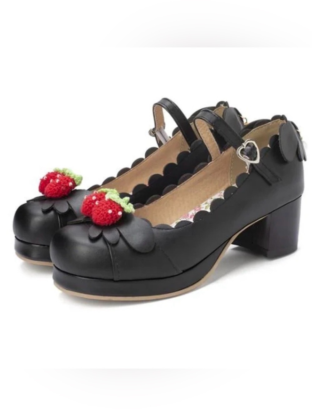 Black Mary Janes with Strawberry Accent and Pearl Charm on Heel